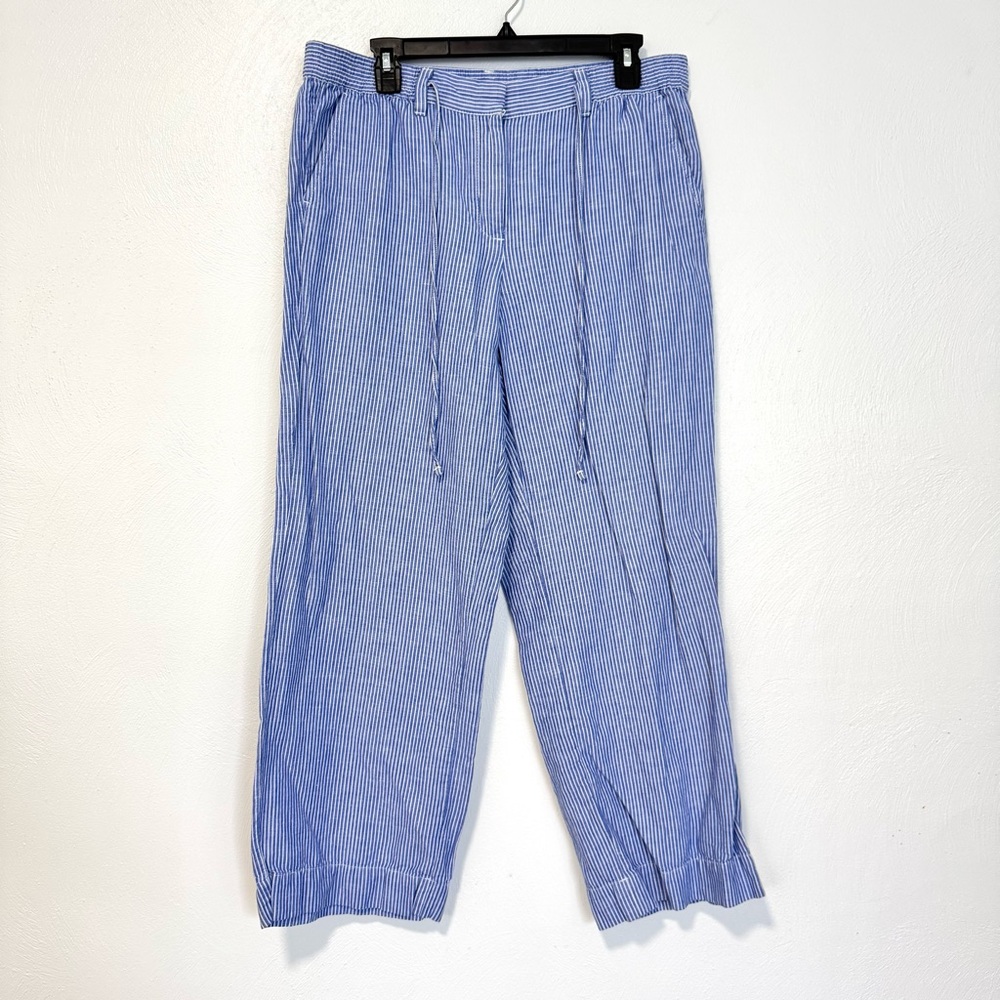 Talbots The Easy Drawstring Pant Women's 14P Blue Stripes Straight Linen Coastal